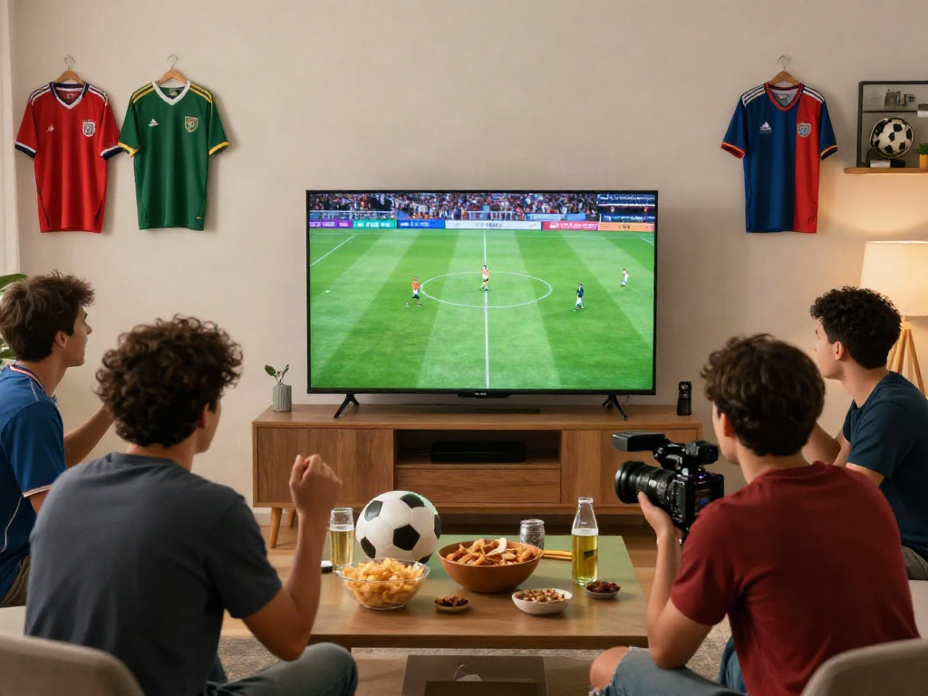 Excited friends watching a live match on https://cakhiatv.team/ in a cozy living room.
