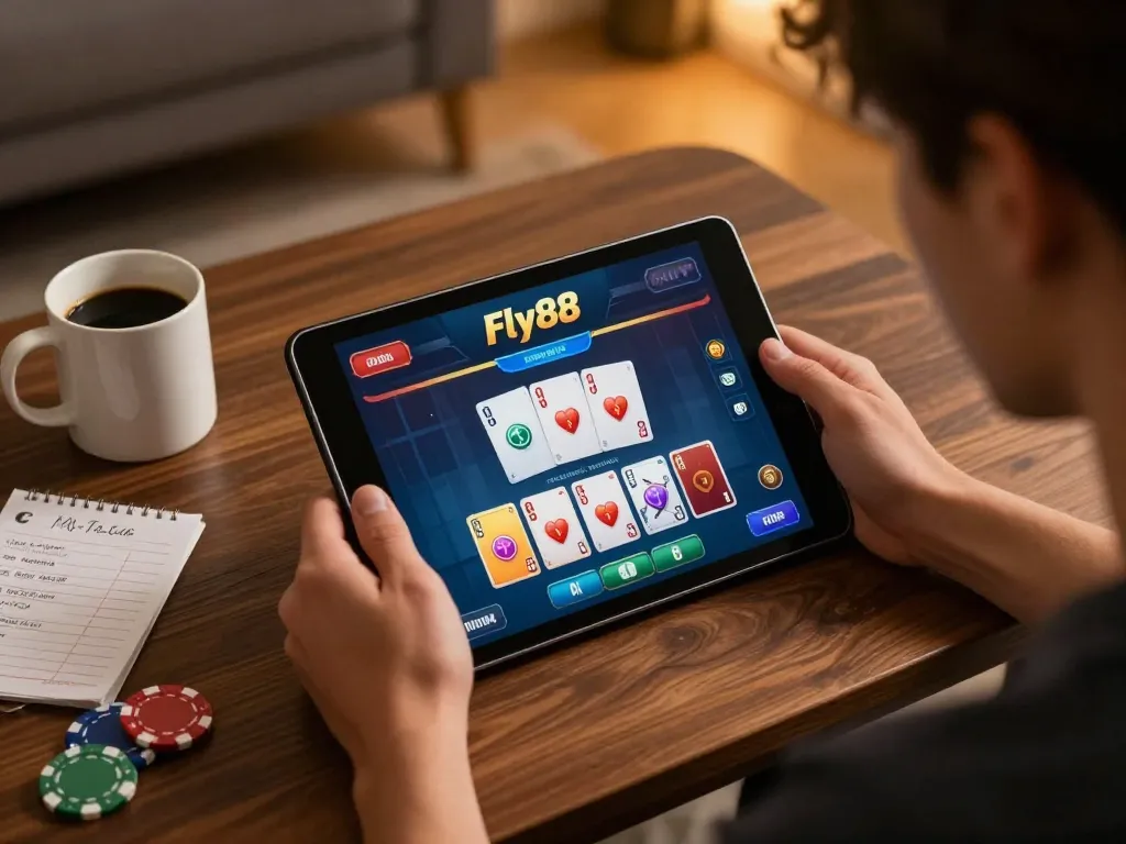 Player engaging with the Fly88 online casino app, showcasing strategic gameplay and a cozy home setting.