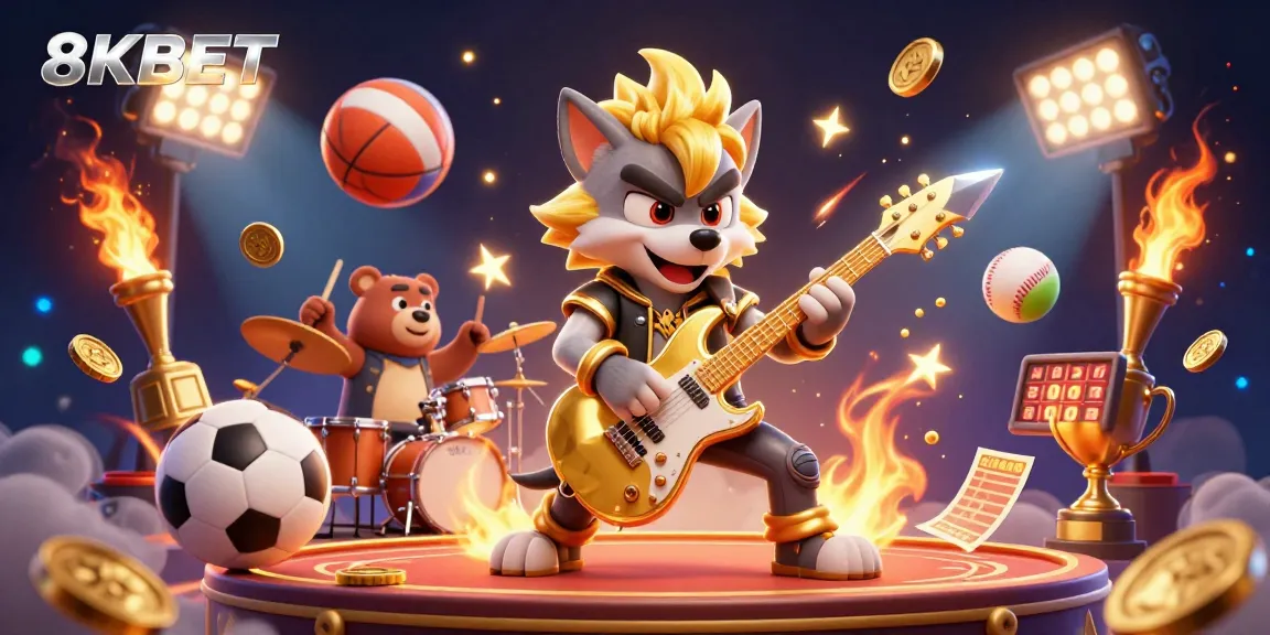 Play and win at 8KBET with dynamic casino-themed illustration featuring exciting gaming elements.