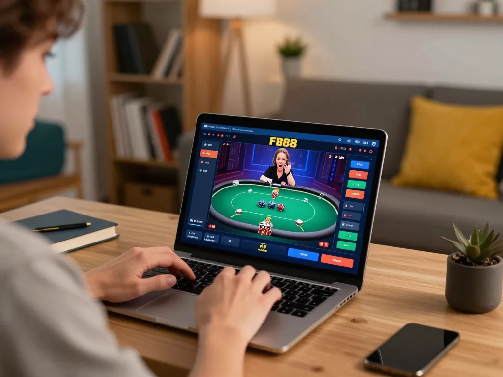 Engaged user playing at FB88 online casino on laptop in a stylish home office.