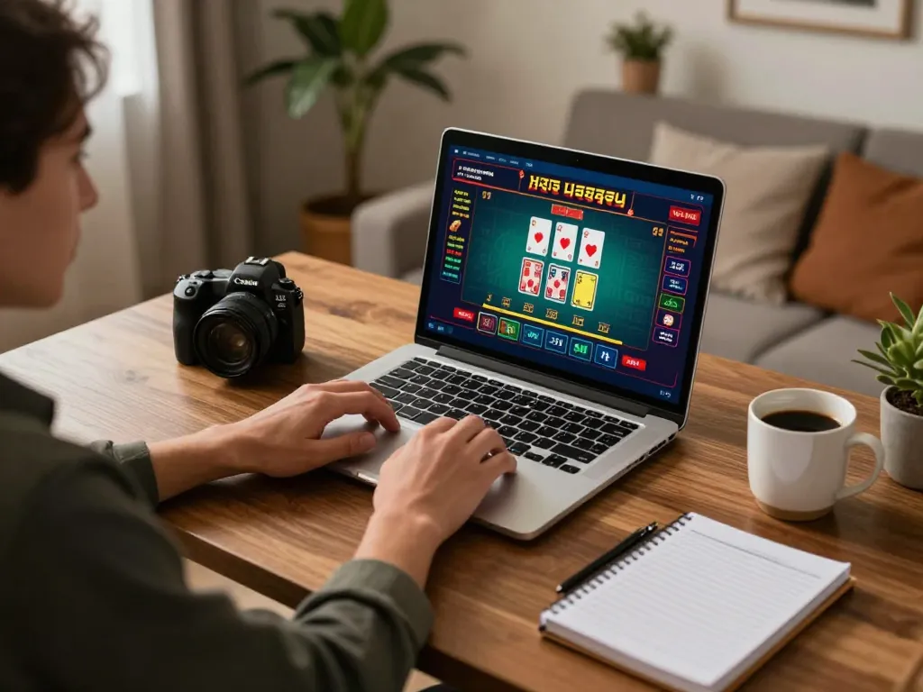 Engaged user at home enjoying Jdclub9vip online casino gaming on laptop