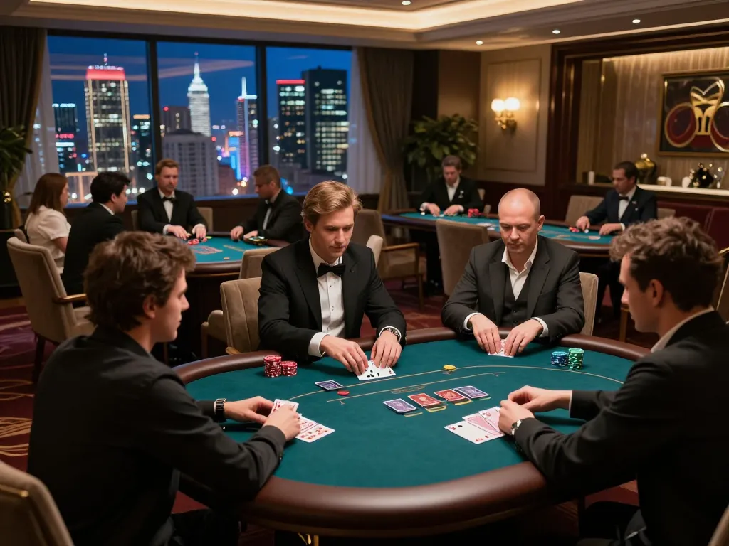 Sapporo-dogscafe highlights strategic gameplay in an upscale poker room, players engaged in action.