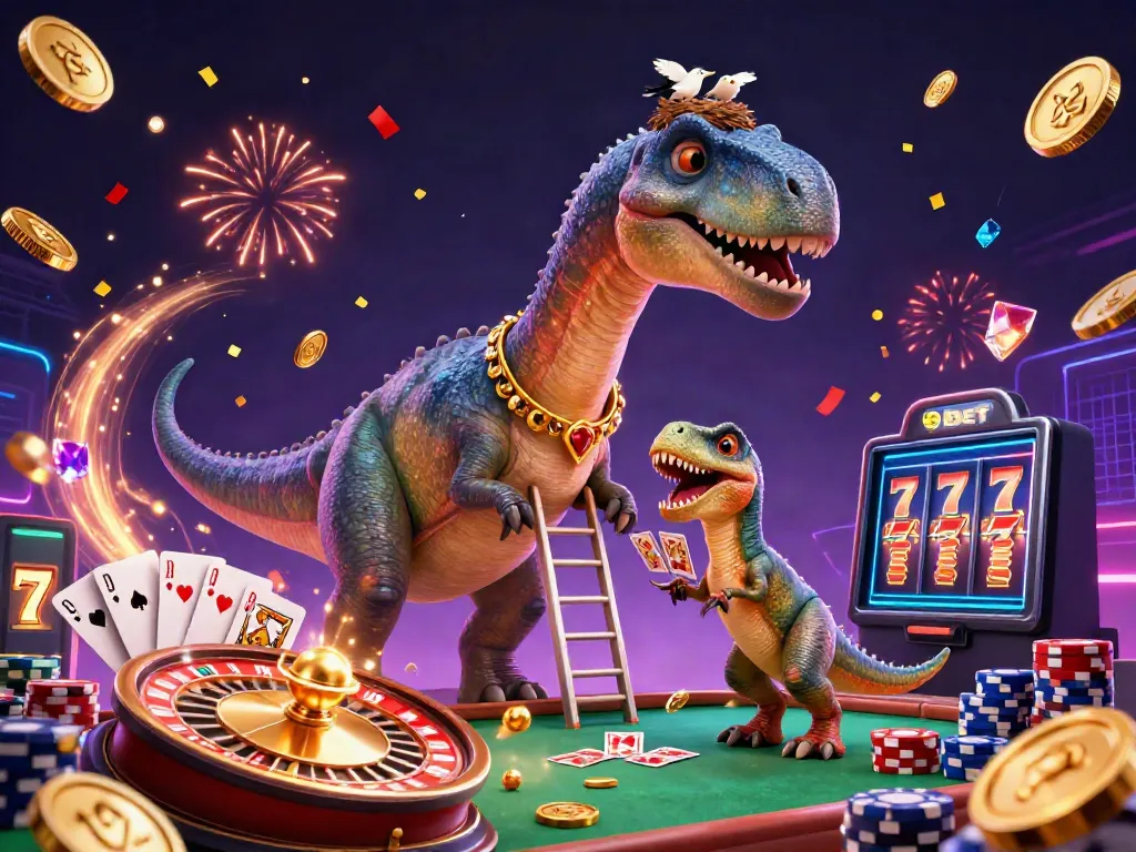 Experience the excitement of 9bet with a towering brontosaurus in a vibrant casino scene.