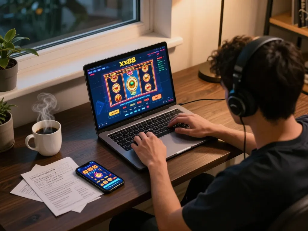 Player enjoying online gaming session at xx88, focused on colorful slot interface with cozy ambiance