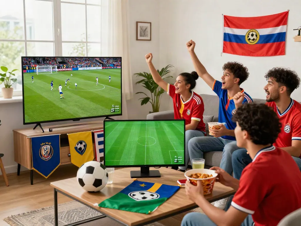 Football fans enjoying a match on https://socolive8.media/ in a lively home setting.