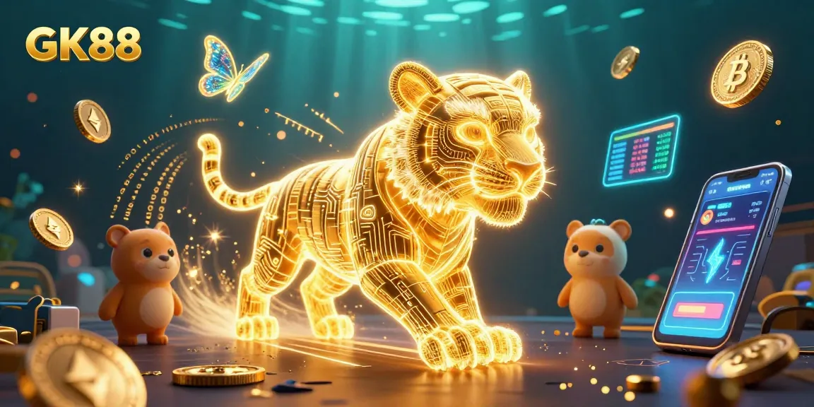 Experience high-energy gameplay at GK88 with our vibrant casino scene featuring a neon golden tiger.
