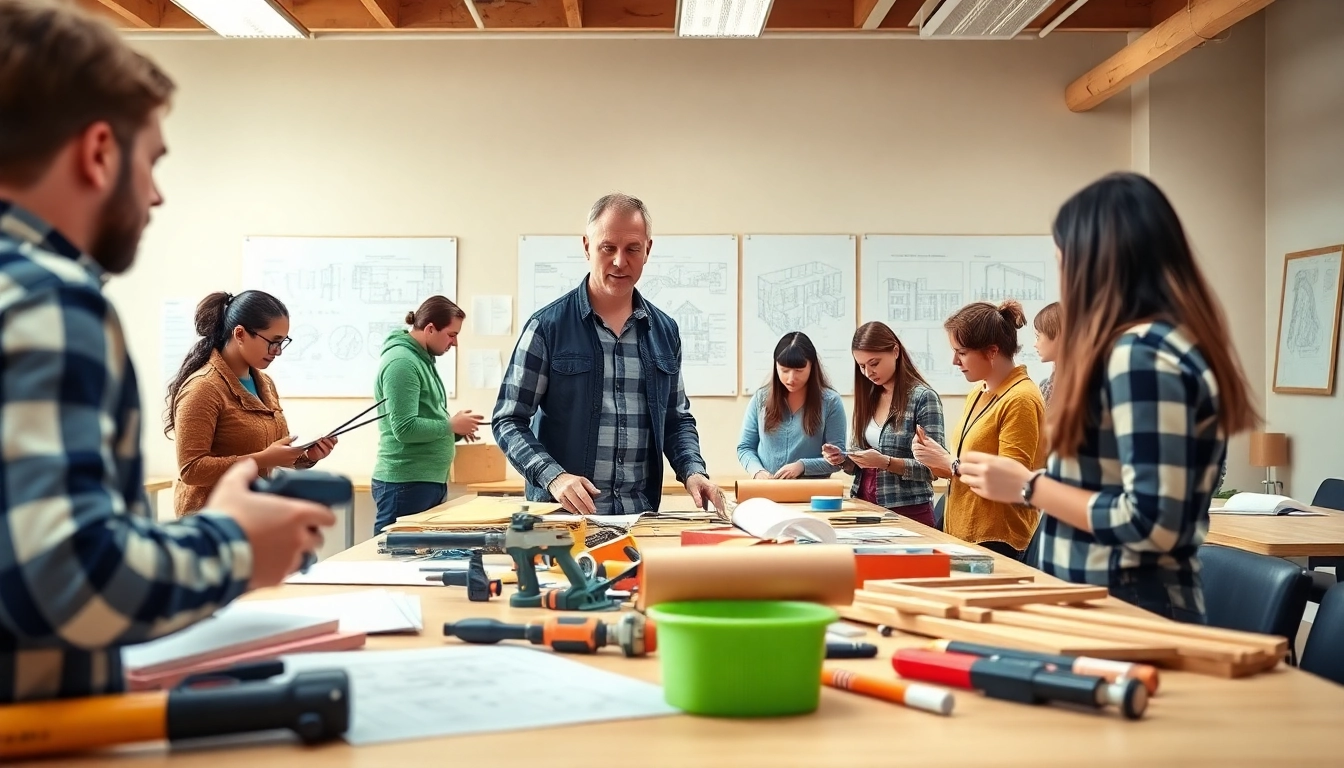 Engaged students practicing in construction classes, learning practical skills with tools.