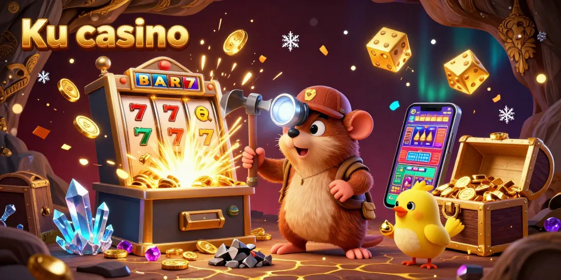 Experience the thrill of Ku casino with a colorful 3D illustration featuring a vibrant slot machine and treasure hunter.