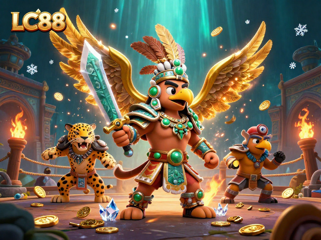 LC88's vibrant casino setting showcases thrilling action with an Aztec eagle warrior and exotic elements.