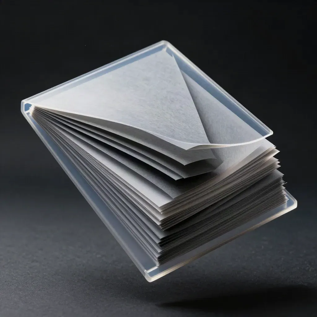 Translucent strategy folio with layered sheets and a graphite divider floating on charcoal