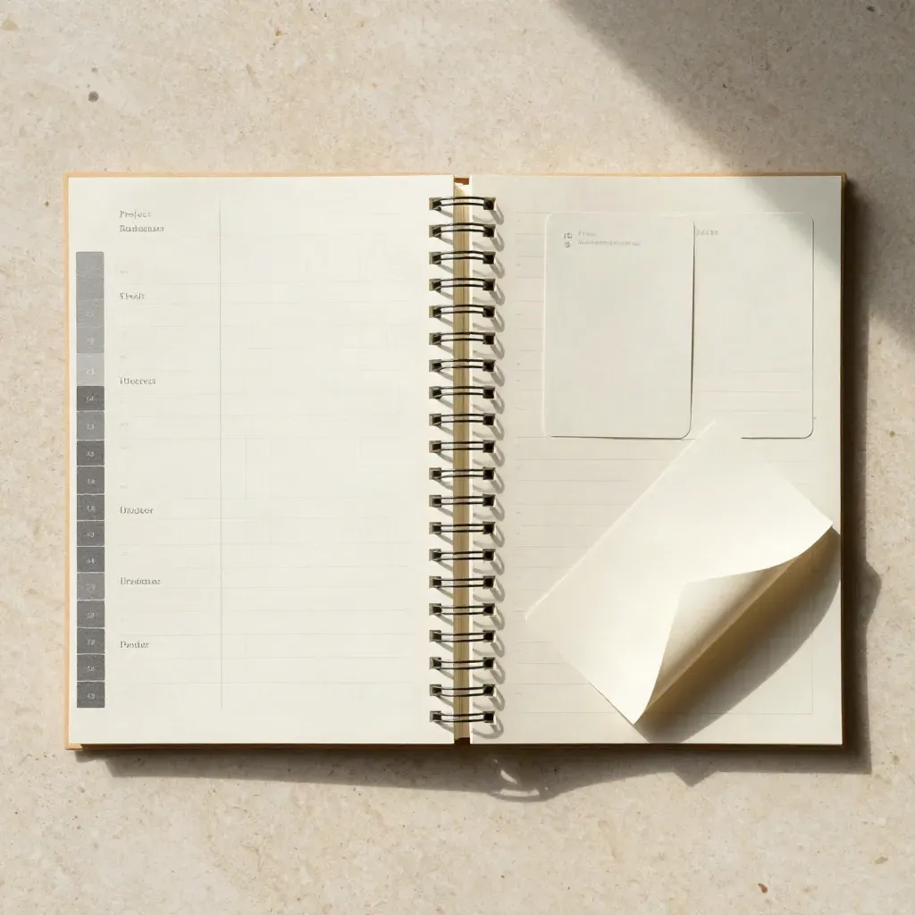 Overhead flatlay of a spiral-bound project roadmap pack with tabs and companion cards on pale travertine.