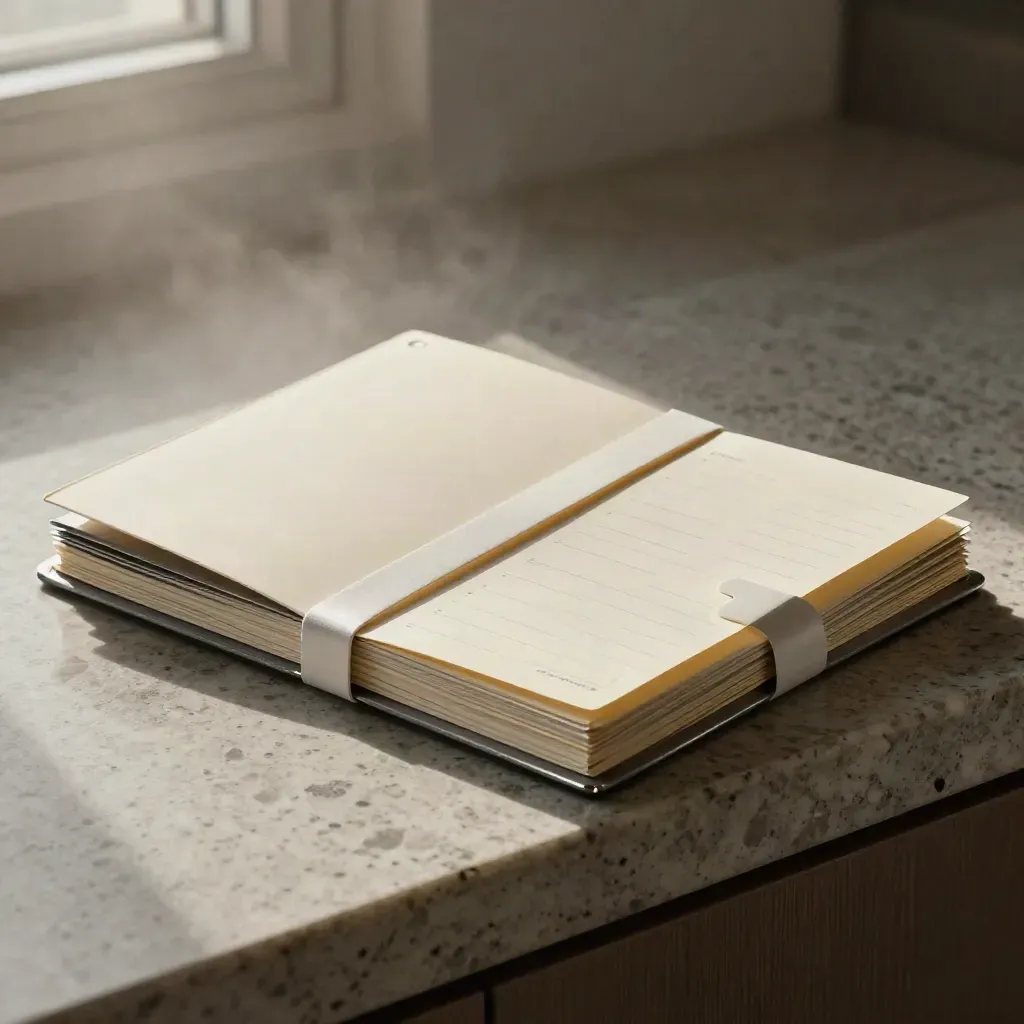 Cream planning sprint bundle sliding across stone with silver tabs and soft haze.