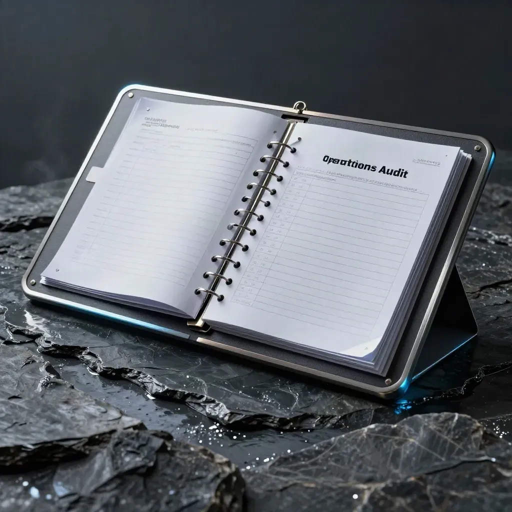 Half-open operations audit board on wet slate with steel-blue rim light