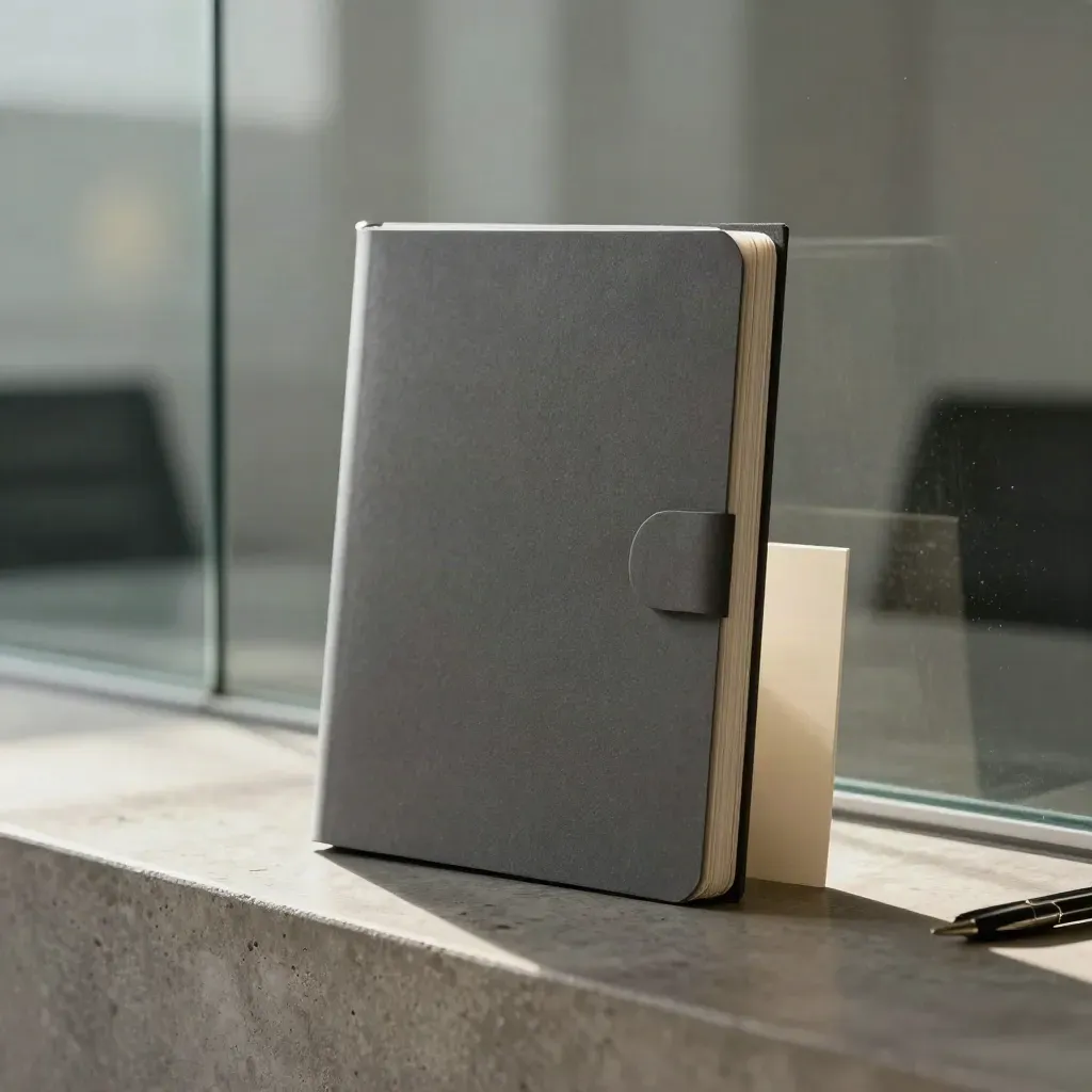 Rigid presentation deck pack leaning by a glass meeting wall on a concrete ledge.