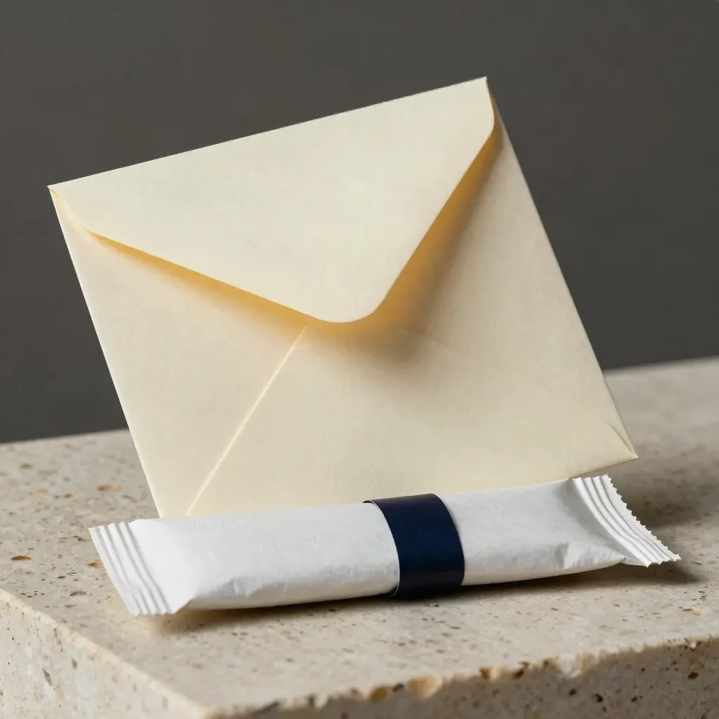 Macro of a half-unwrapped advisory packet with note cards and envelope on travertine.