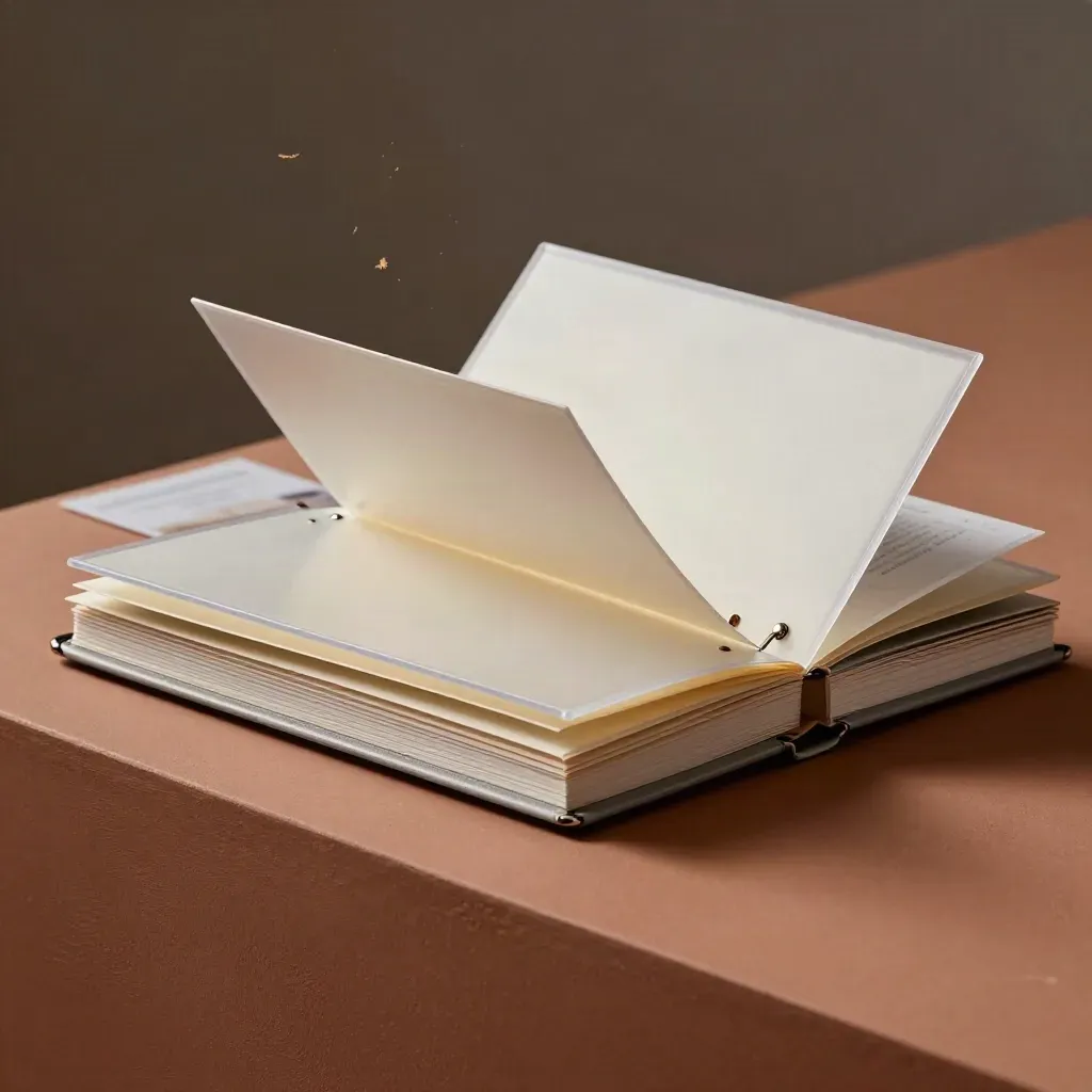 Layered consulting binder opening on terracotta with silver accents and soft paper drift.