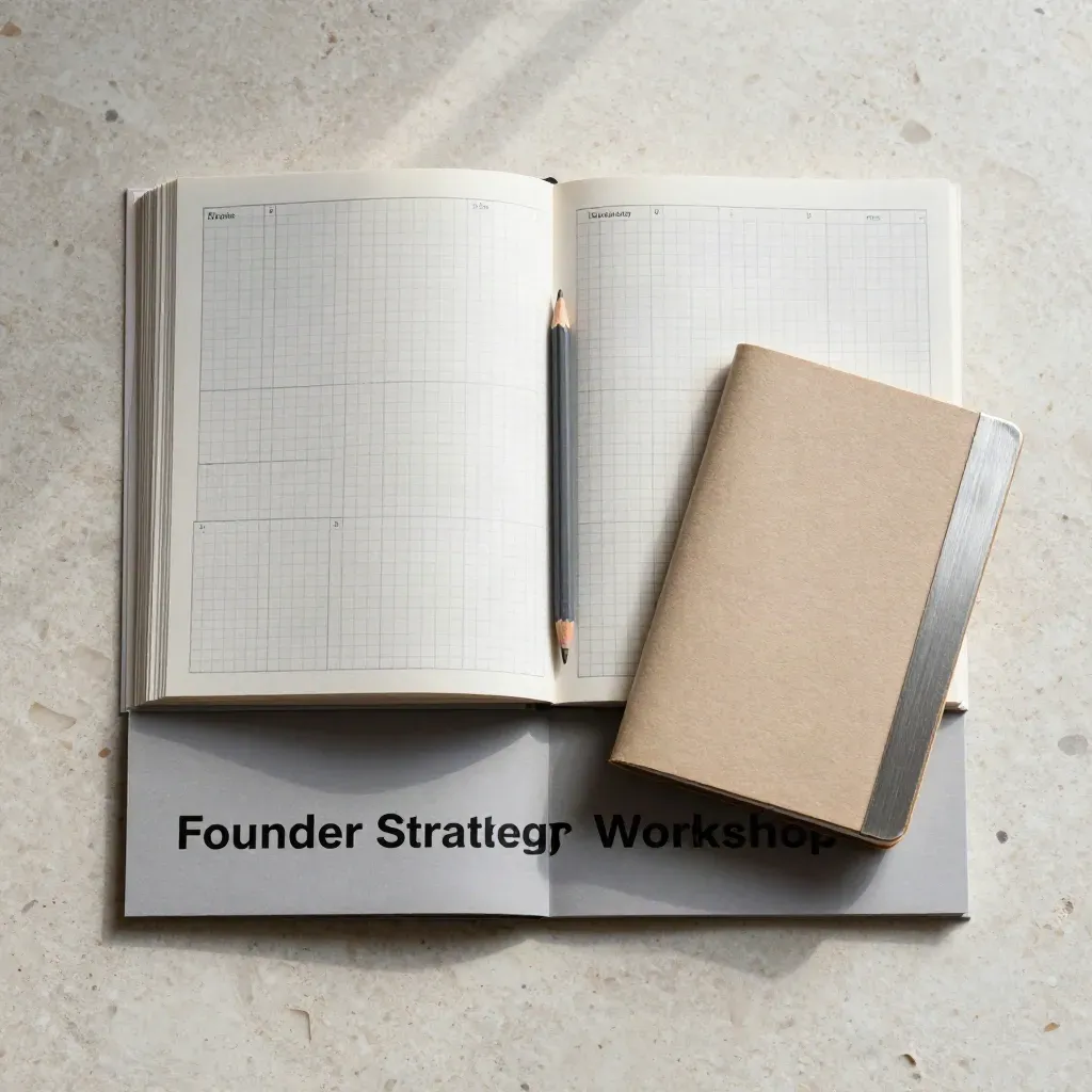 Overhead folio flatlay with stacked workshop cards, pencil, and note booklet on travertine.