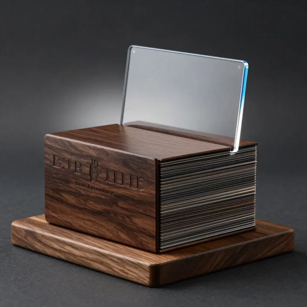 Unbranded deck sleeve with layered cards, clear divider, and folded insert on a walnut surface.