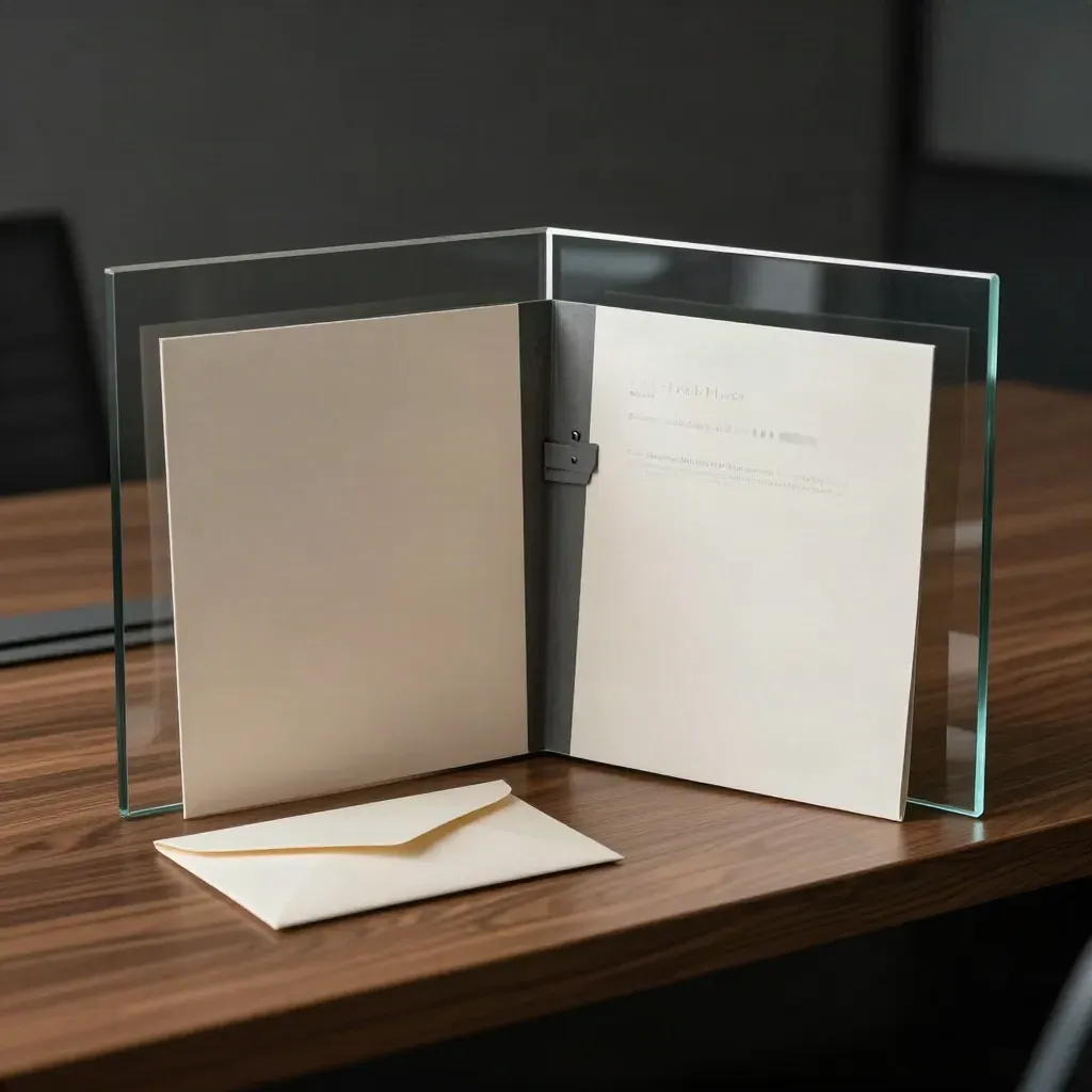 Open strategy kit with folder, tabs, and sealed envelope beside a dark glass panel
