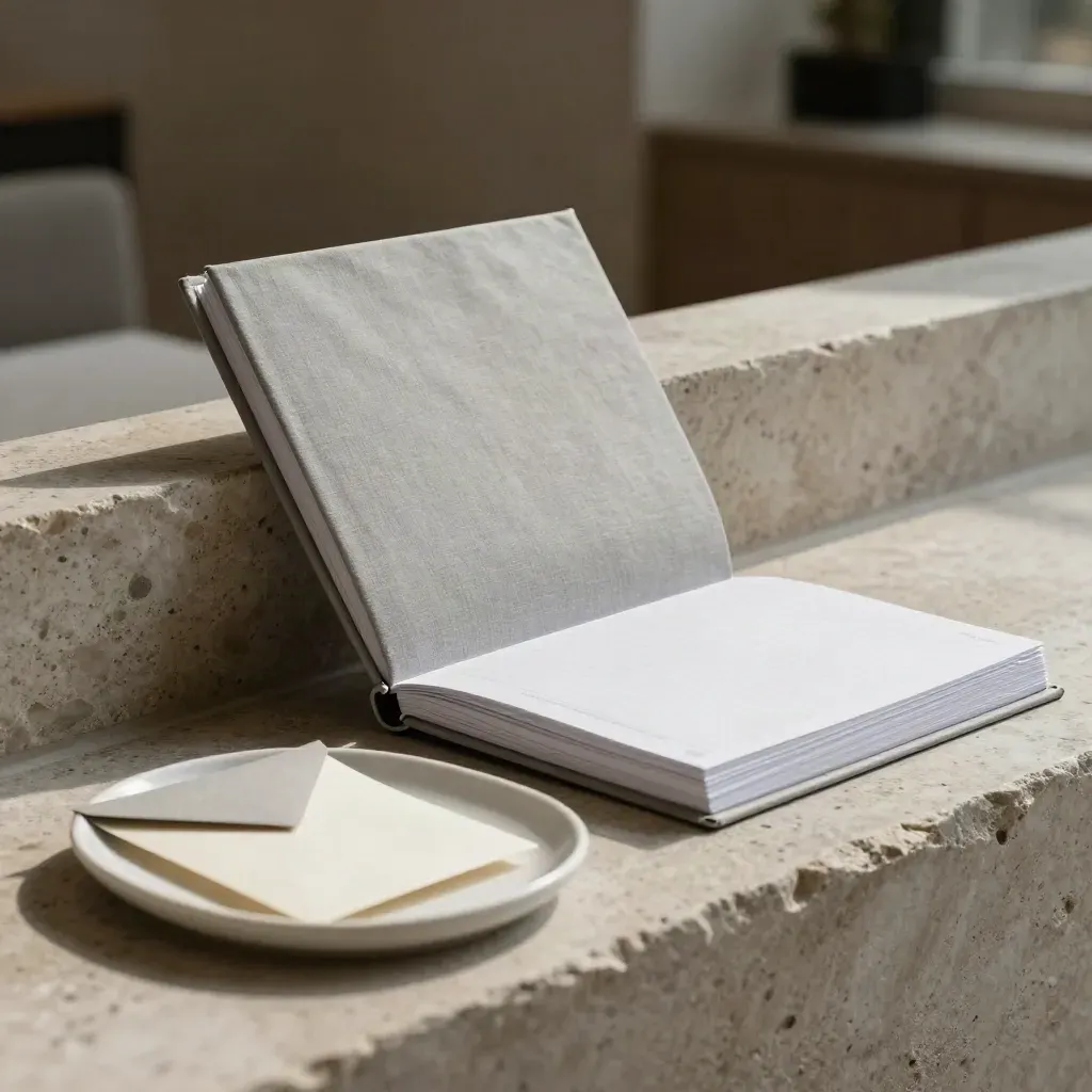 Monthly Advisory bundle with notebook, agenda, envelope and card on a stone ledge.
