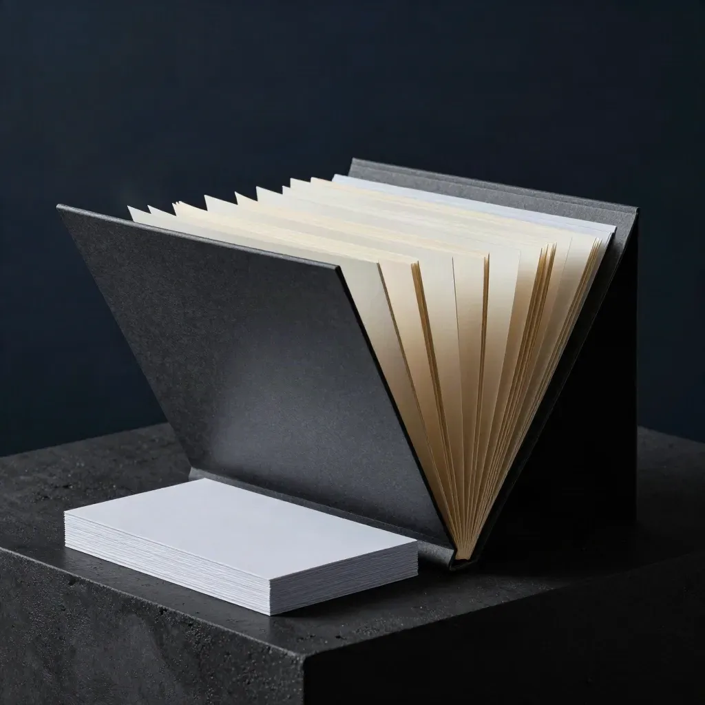 Dark studio close-up of a workflow folder, fanned inserts, and card stack.