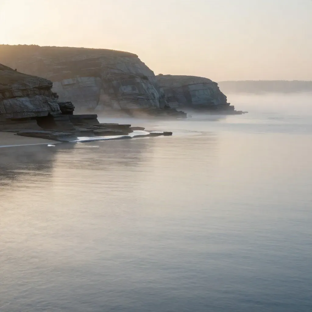 Misted coastal ridge above a calm inlet at sunrise, with wide misty copy space
