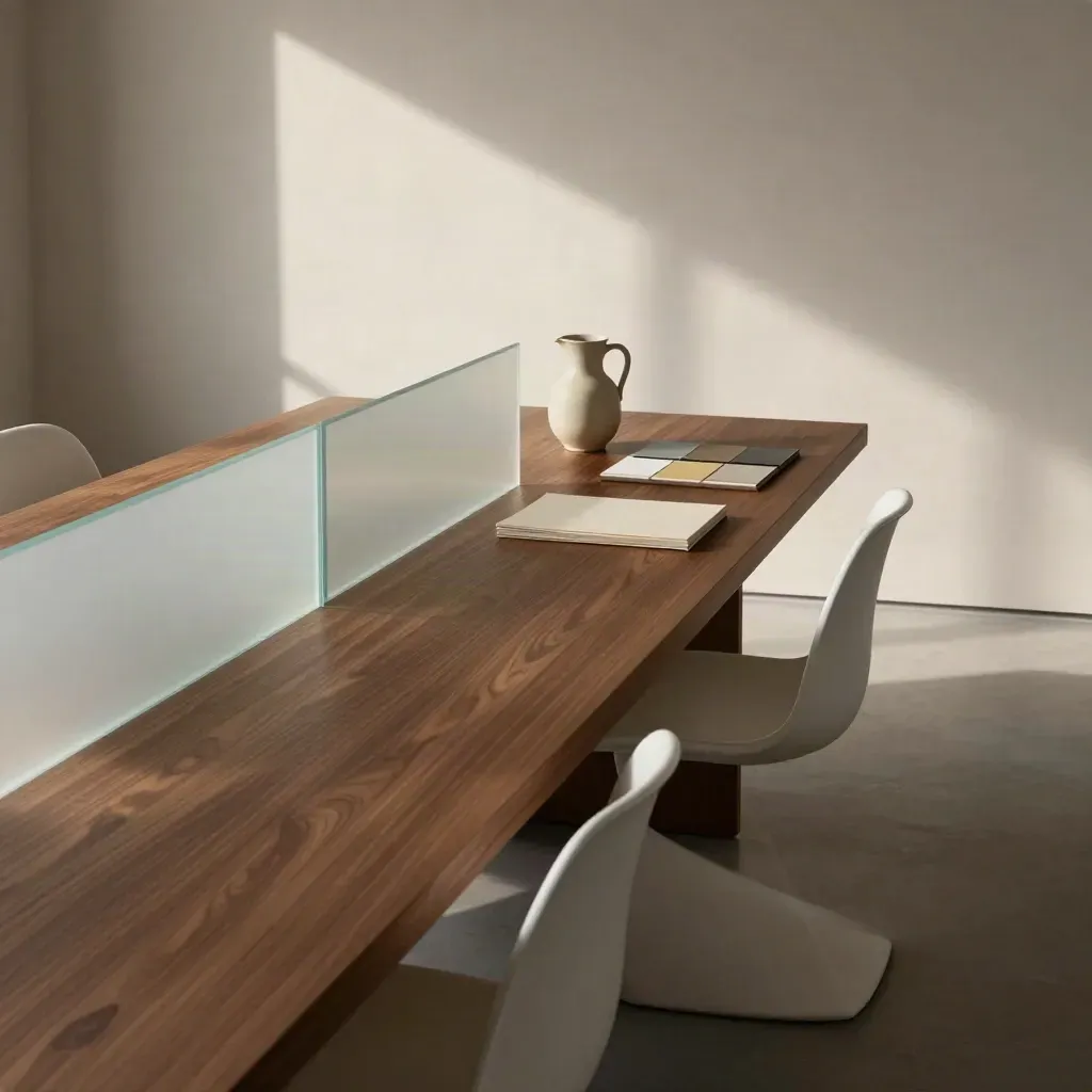 Warm walnut workshop room with frosted glass, chairs, and a quiet table in soft morning light.