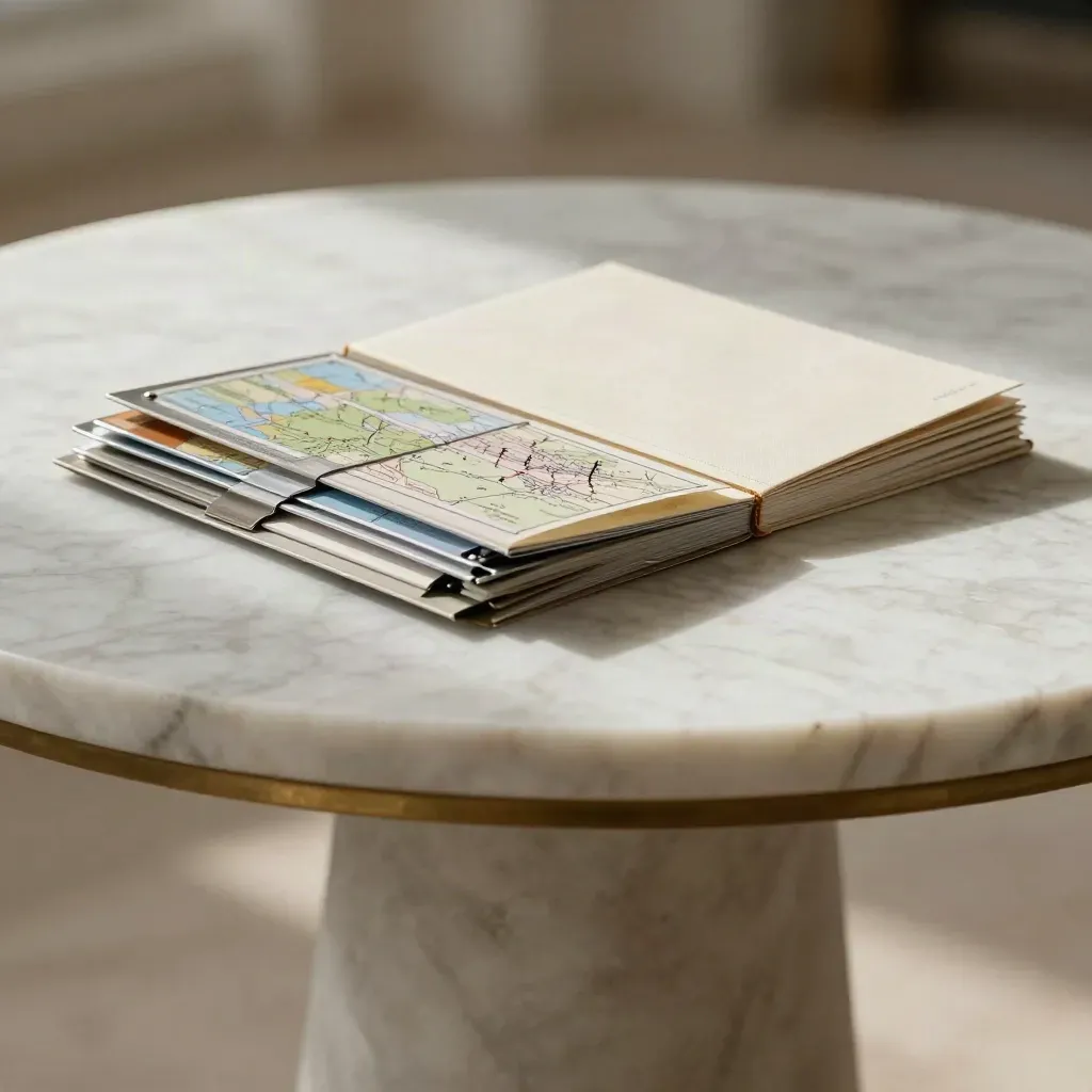 Marble surface with roadmap packs, stone basin and brass edge in soft late-day light.