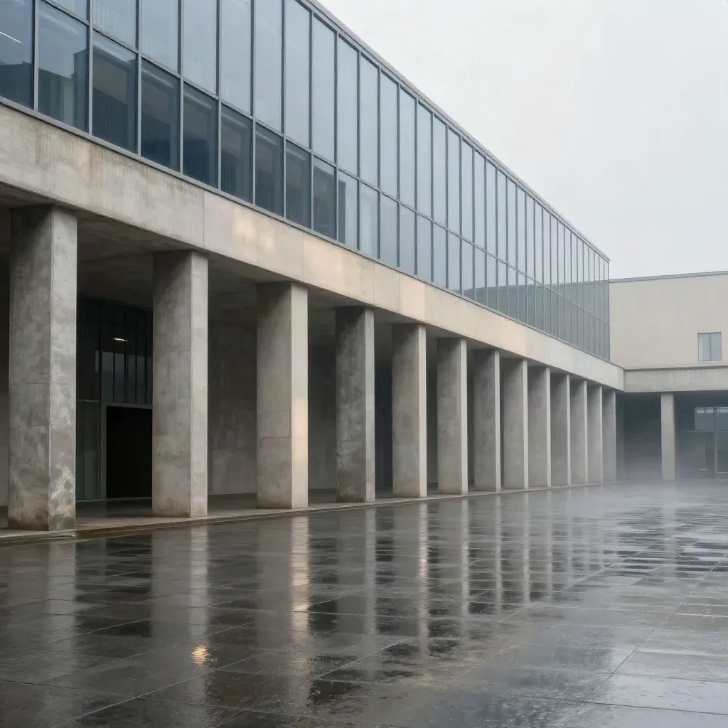Rain-slick civic colonnade and glass corridor with calm reflective paving and a dark entry void