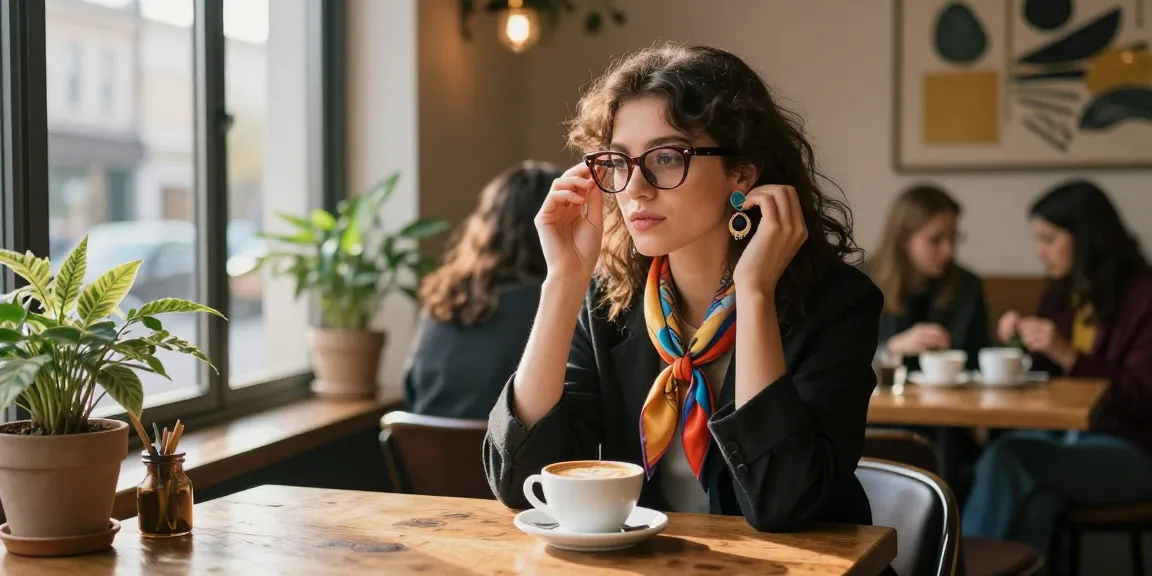 Stylish woman wearing óculos de grau feminino in an urban café setting, creating a fashionable and trendy vibe.