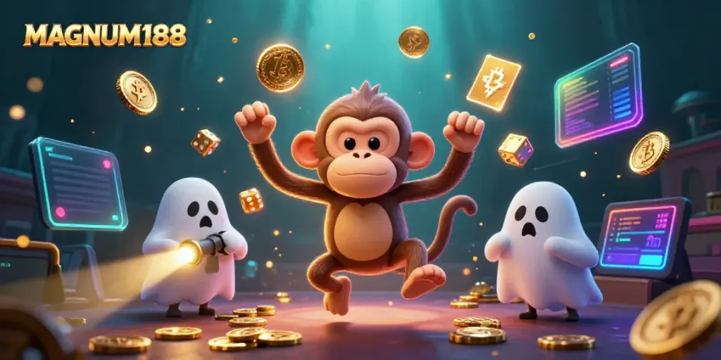 Experience the thrill of MAGNUM188 with a ghost-hunter puppy chasing golden treasures in a haunted casino.