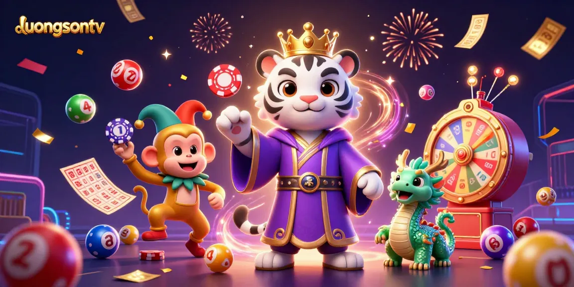 Engage with luongsontv’s vibrant 3D scene featuring a tiger, monkey, and dragon in a dynamic gambling atmosphere.