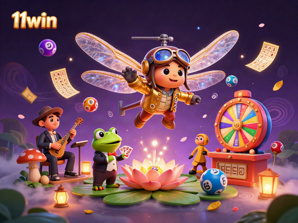 Experience the thrill of 11win with a vibrant casino scene featuring a playful dragonfly pilot and croupier.