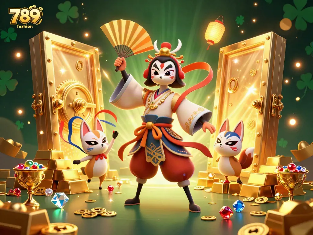 Engage in the excitement of 789f fashion with vibrant casino visuals, showcasing a kabuki warrior and treasures.