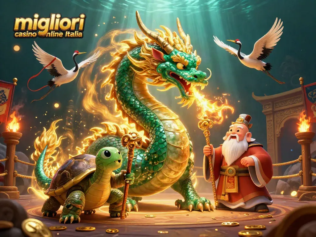 I migliori casino online Italia brillano con un drago giade e una tartaruga saggia in un'illustrazione vibrante.