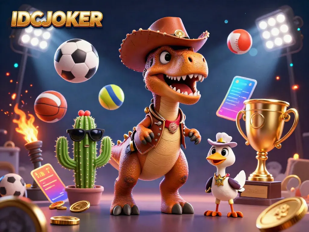 IDCJOKER brings excitement to online betting with a dynamic scene featuring vibrant characters and sports elements.