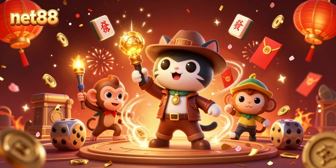 Experience exciting wins at net88 with a vibrant, dynamic casino illustration featuring lucky symbols.