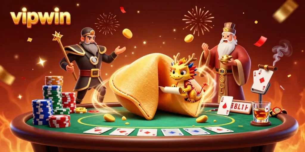 Experience luck and fortune at vipwin with a vibrant 3D illustration showcasing a golden cookie and poker elements.