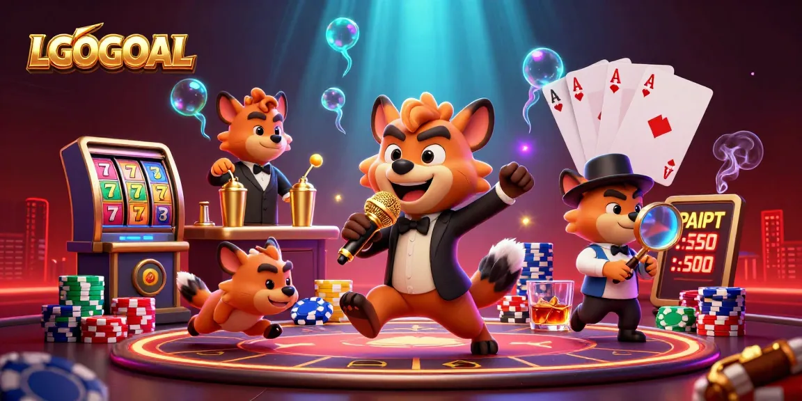 Experience LGOGOAL with lively hyenas in a vibrant 3D casino scene showcasing dynamic gambling elements.