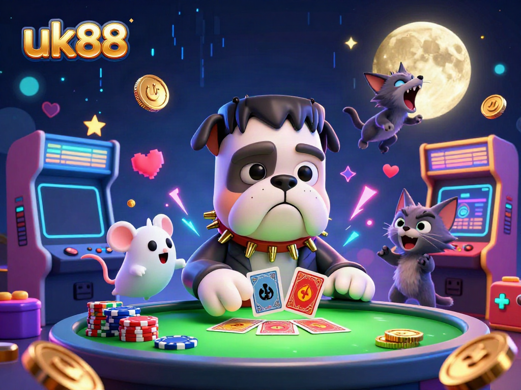 Engaging scene with uk88 characters enjoying a vibrant game environment featuring a bulldog monster and colorful slots.
