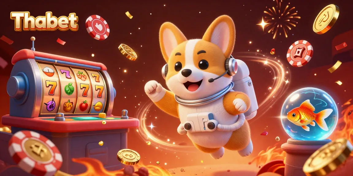 Thabet offers immersive gaming experiences with slots, an astronaut corgi, and more in a vibrant casino scene.