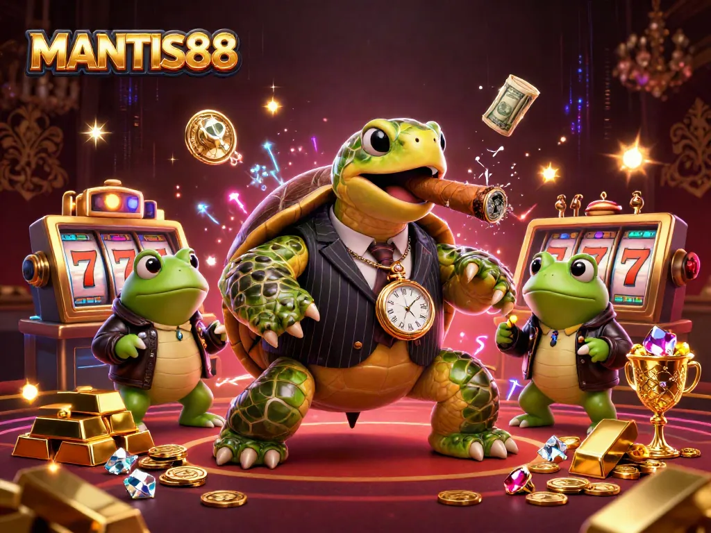 MANTIS88's slot reels and golden treasures come alive in a thrilling casino adventure illustration, showcasing a massive snapping turtle.