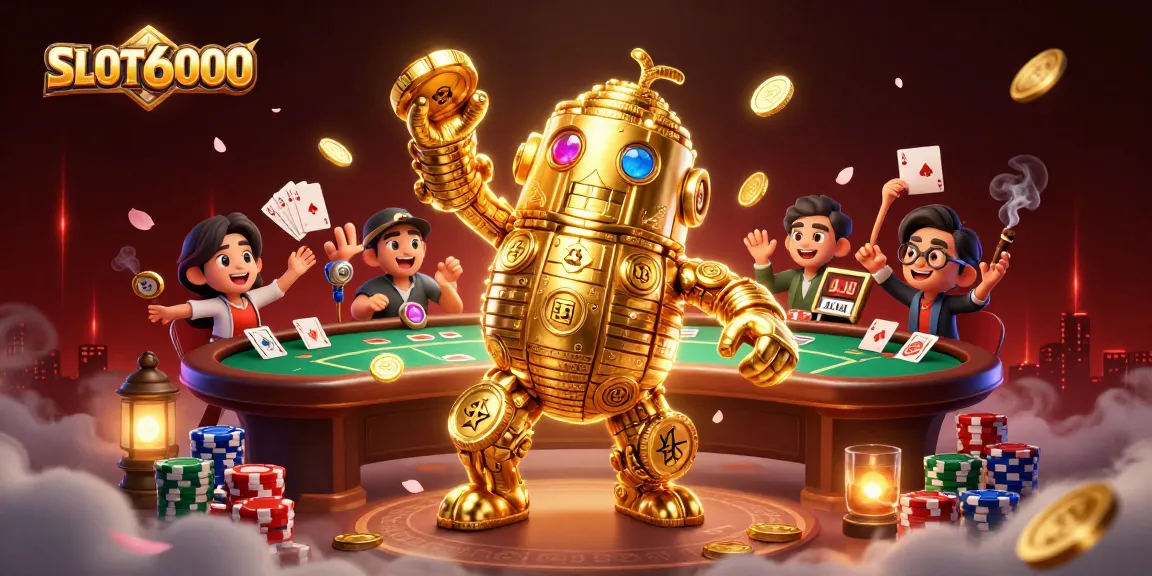 SLOT6000 offers a vibrant poker scene featuring a golden golem amidst cascading poker chips and cards.