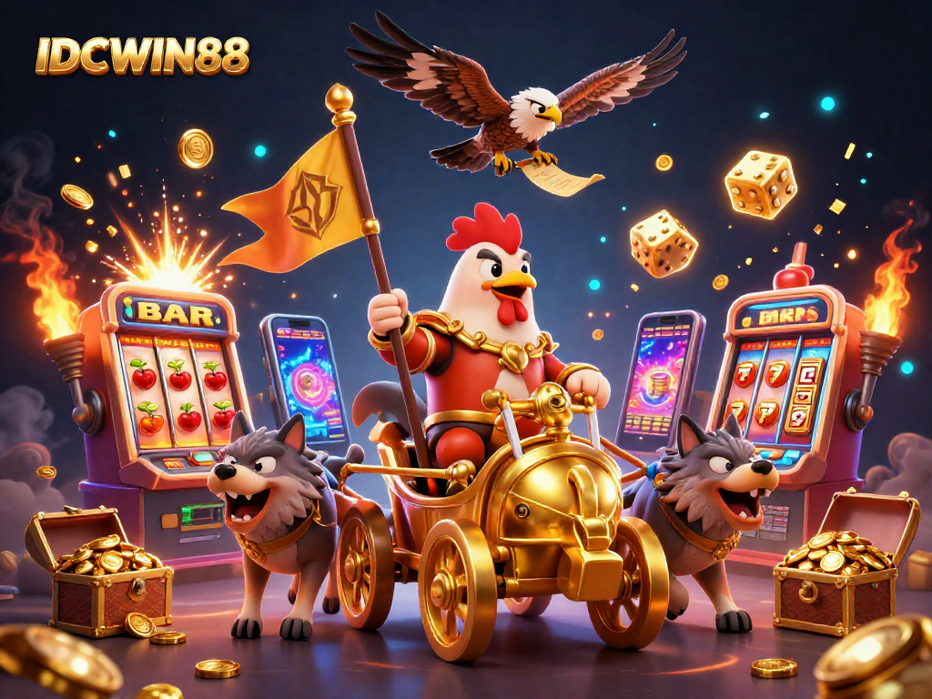 Experience thrilling slot jackpots with IDCWIN88 in a vibrant 3D illustration of joyous casino elements.