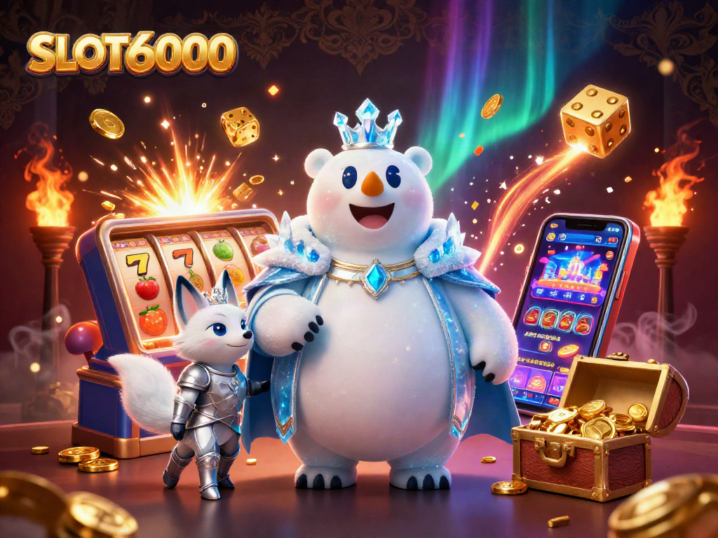 SLOT6000 slot machine with royal characters creating excitement and winning energy in a vibrant casino environment