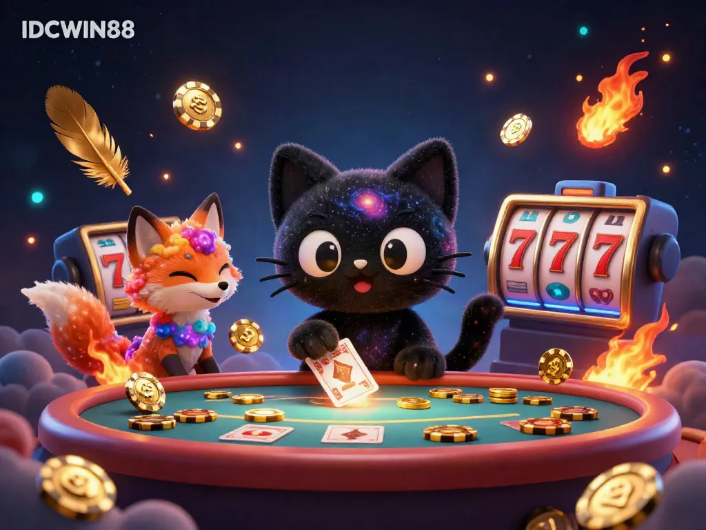 Experience thrilling wins with IDCWIN88, a cosmic casino world where a black hole cat attracts golden chips.