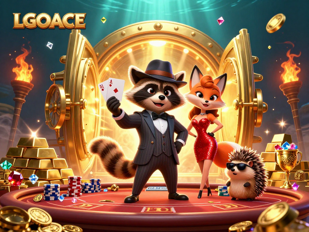 Experience LGOACE with 3D characters enjoying casino games, showcasing poker excitement and luxury.