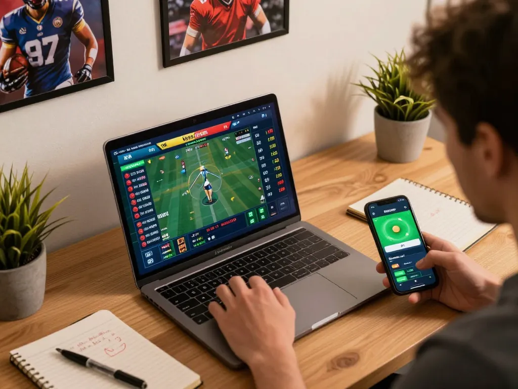 Ambiente di scommesse sportive coinvolgente che mostra siti scommesse non AAMS su laptop e smartphone, trasmettendo strategia.