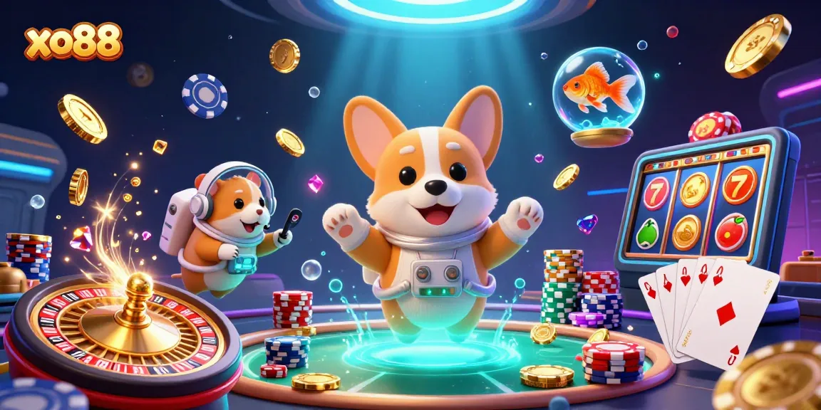 Engage with xo88 in a vibrant space-themed casino illustration featuring a playful corgi astronaut.