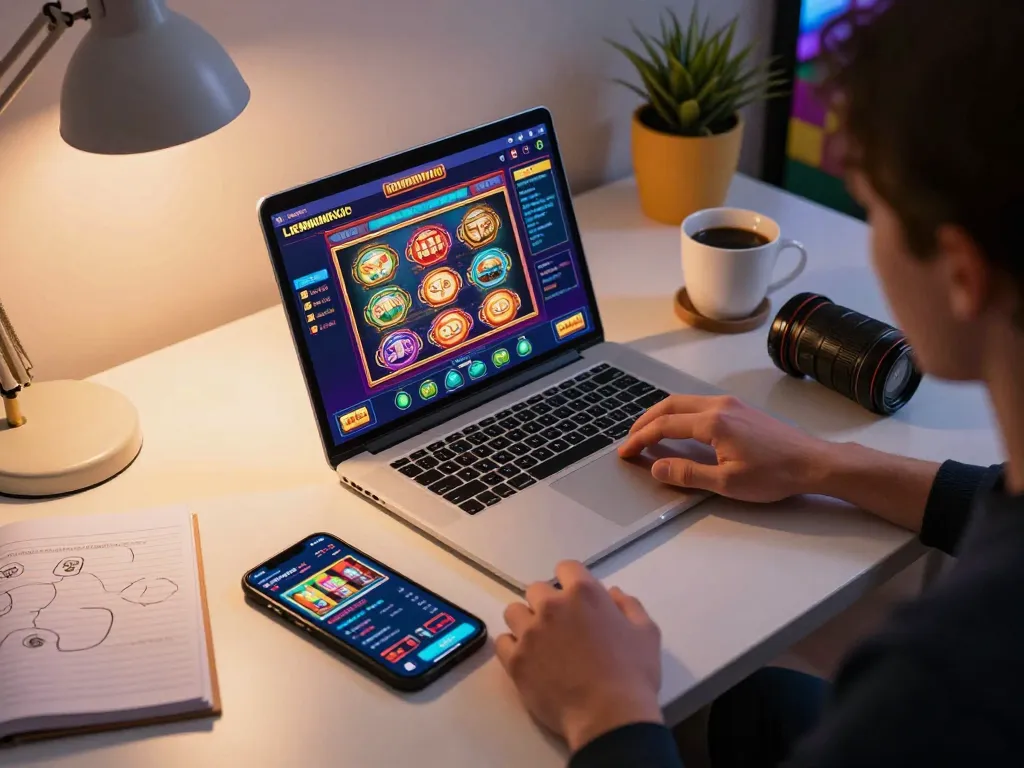 Engaged player enjoying lienminhkjc online slots on laptop in a cozy home office.